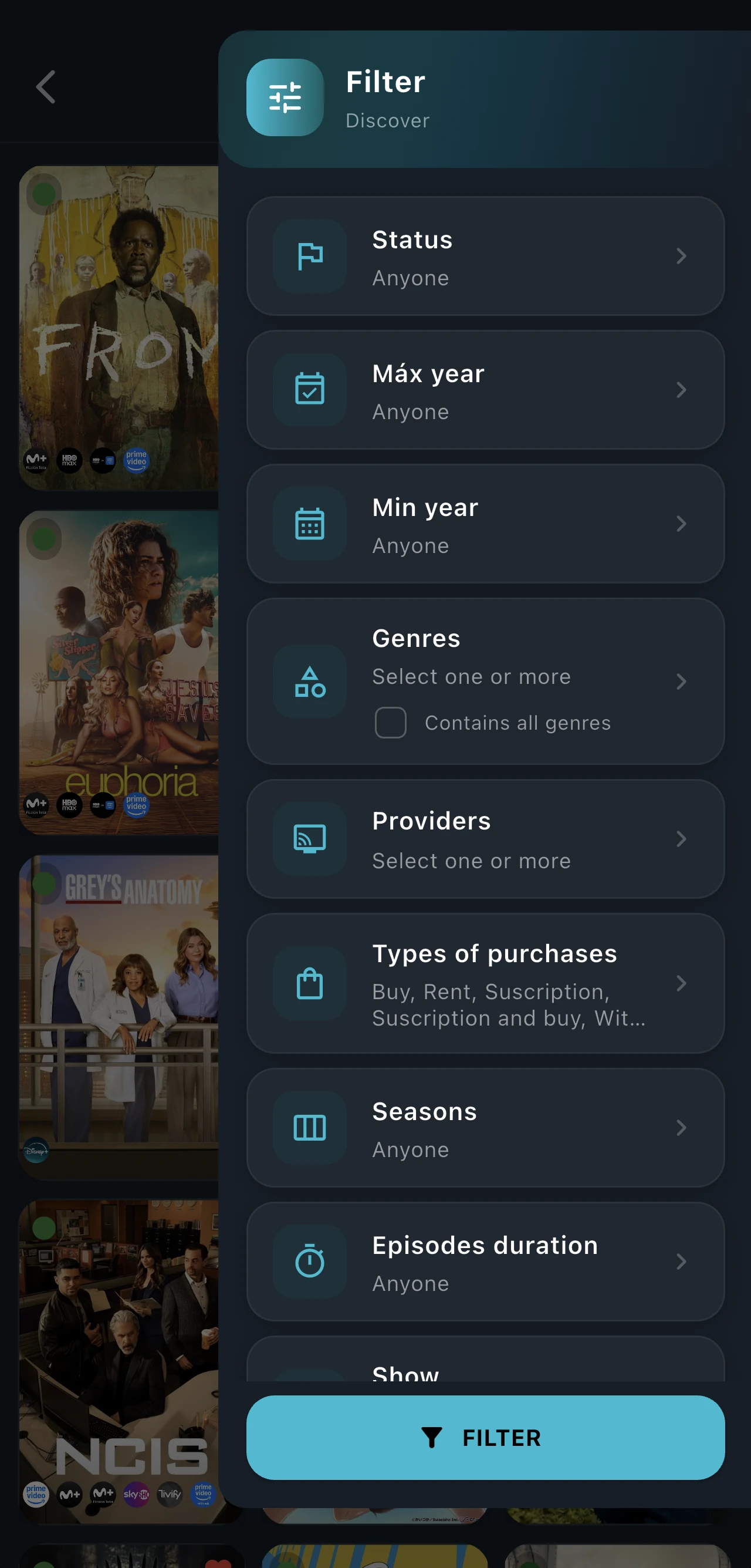 Filters screen